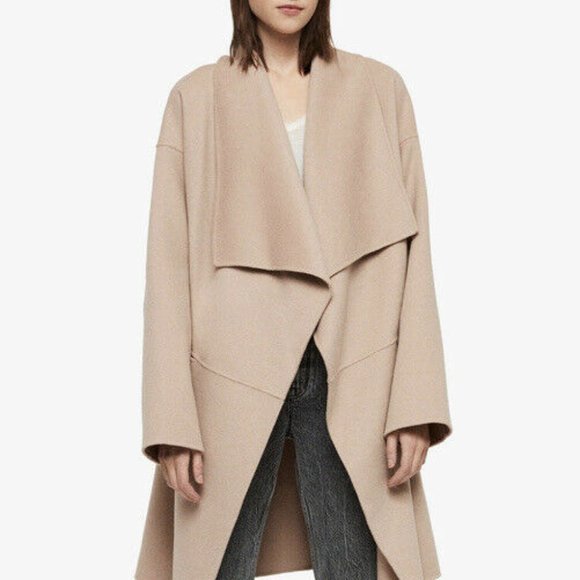 NWT $550 AllSaints Adalee Wool Blend Wrap Coat Oatmeal Sz M (Missing Belt) - Picture 2 of 5